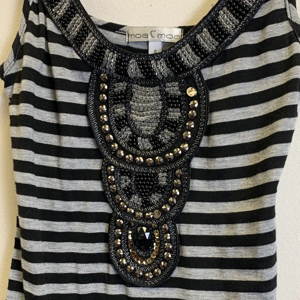 Moa Moa Black & Gray Striped Beaded Tank